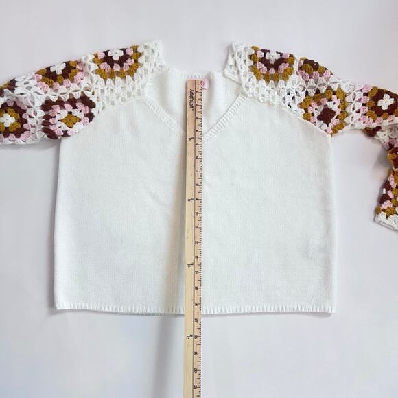 PINK LILY V-NECK RANDOM MIXED COLOR CROCHET SQUARE PATTERN BELL SLEEVE SWEATER - Picture 7 of 12